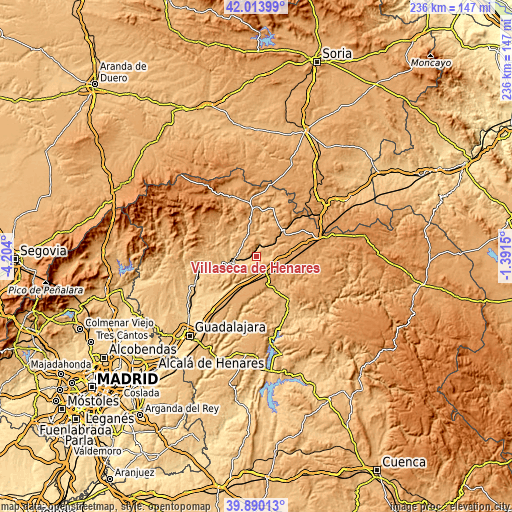 Topographic map of Villaseca de Henares