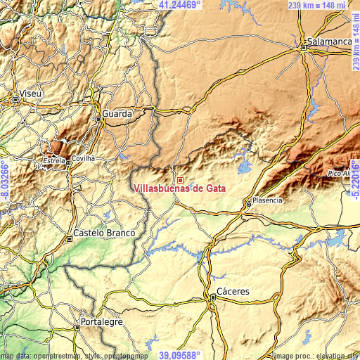 Topographic map of Villasbuenas de Gata