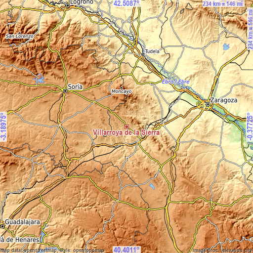 Topographic map of Villarroya de la Sierra