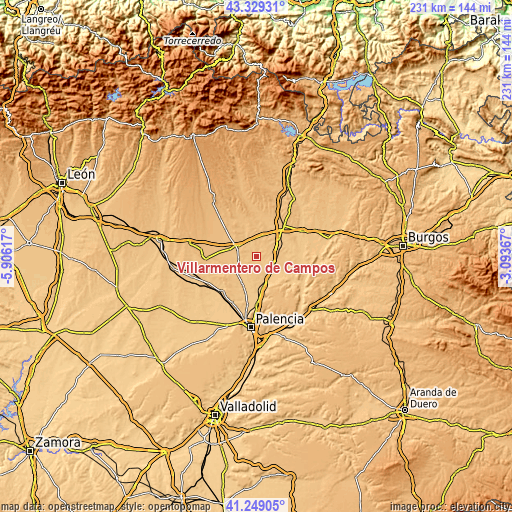 Topographic map of Villarmentero de Campos