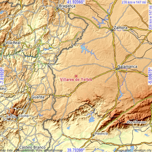 Topographic map of Villares de Yeltes