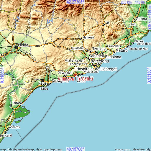 Topographic map of Vilanova i la Geltrú