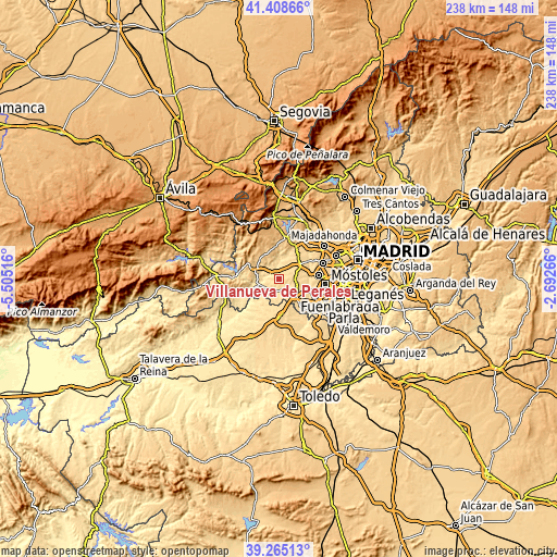 Topographic map of Villanueva de Perales