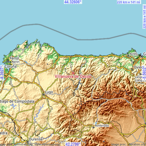 Topographic map of Villanueva de Oscos