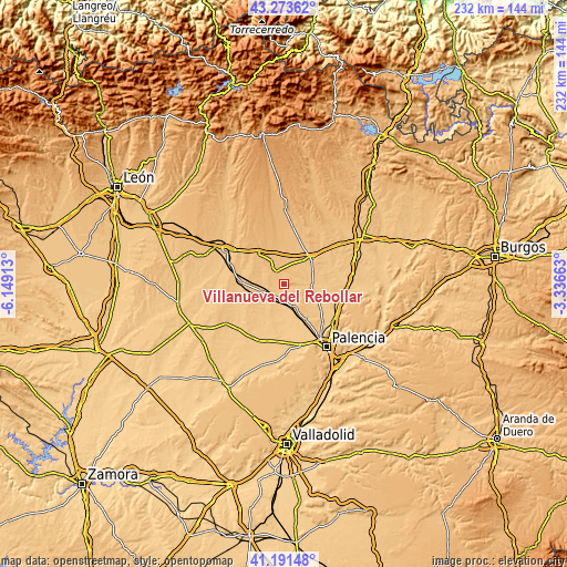 Topographic map of Villanueva del Rebollar