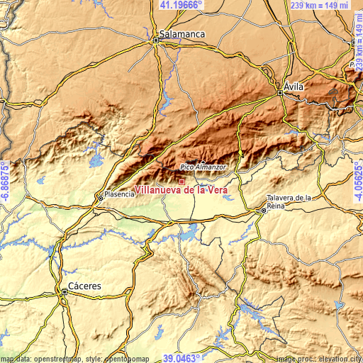 Topographic map of Villanueva de la Vera