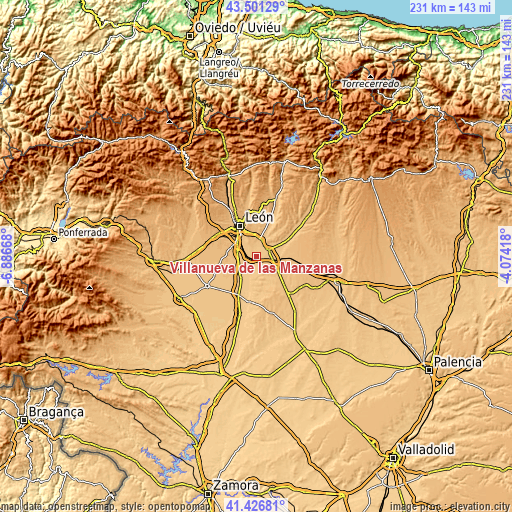 Topographic map of Villanueva de las Manzanas