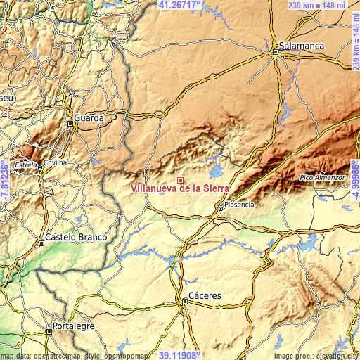 Topographic map of Villanueva de la Sierra