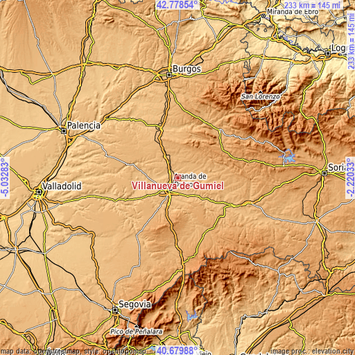 Topographic map of Villanueva de Gumiel