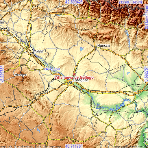 Topographic map of Villanueva de Gállego