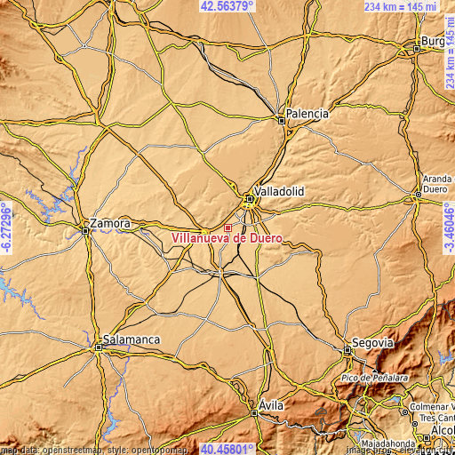 Topographic map of Villanueva de Duero