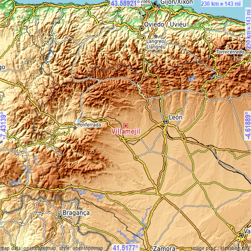 Topographic map of Villamejil