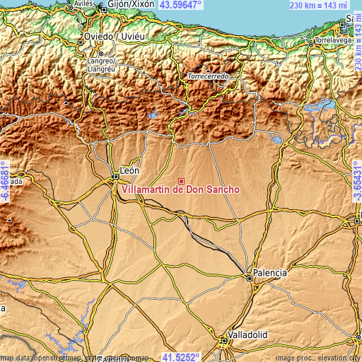 Topographic map of Villamartín de Don Sancho