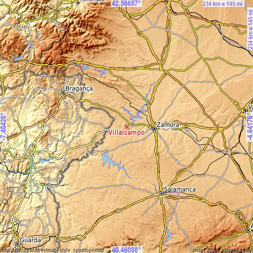 Topographic map of Villalcampo