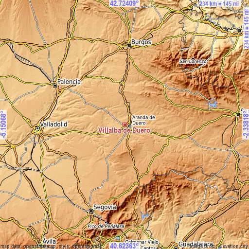 Topographic map of Villalba de Duero