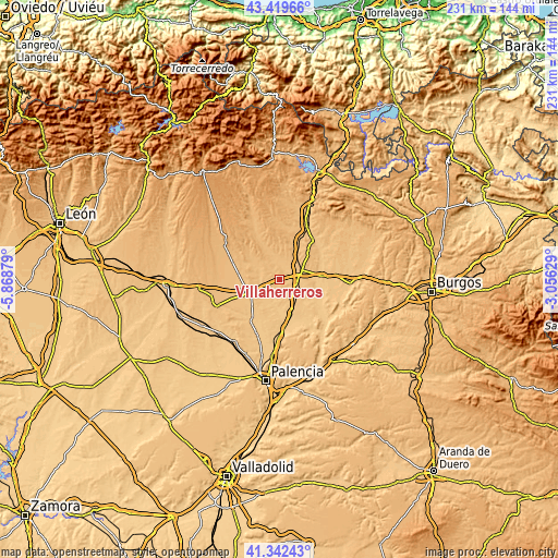 Topographic map of Villaherreros