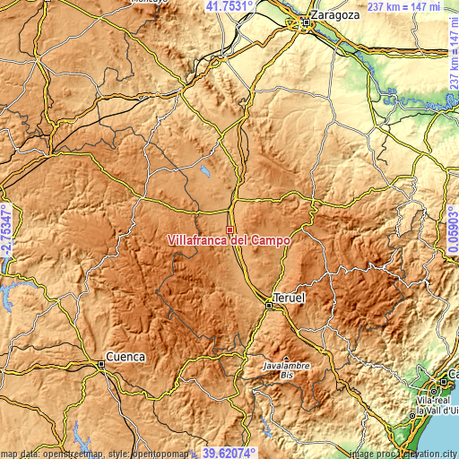 Topographic map of Villafranca del Campo