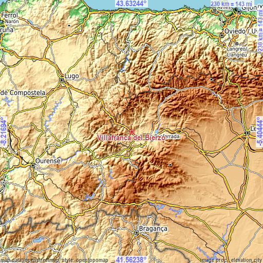 Topographic map of Villafranca del Bierzo
