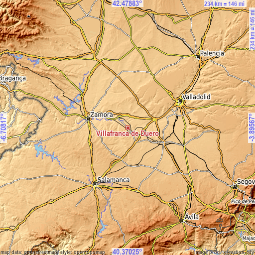 Topographic map of Villafranca de Duero