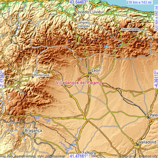 Topographic map of Villadangos del Páramo