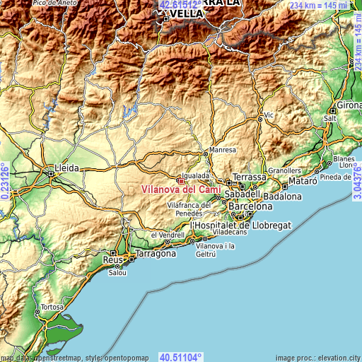 Topographic map of Vilanova del Camí