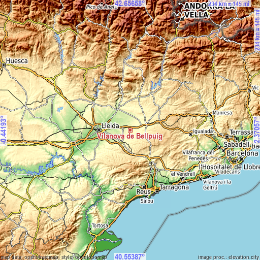 Topographic map of Vilanova de Bellpuig