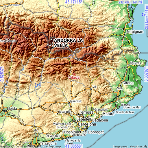 Topographic map of Vilada