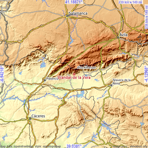 Topographic map of Viandar de la Vera