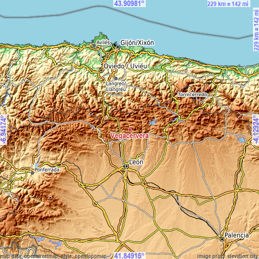 Topographic map of Vegacervera