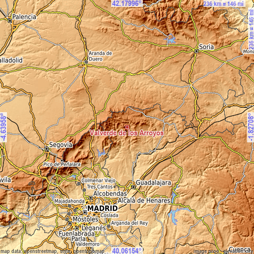 Topographic map of Valverde de los Arroyos