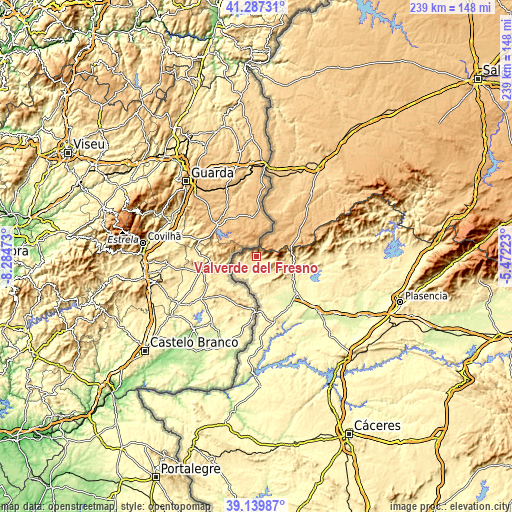 Topographic map of Valverde del Fresno