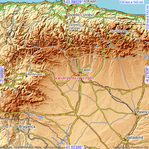 Topographic map of Valverde de la Virgen
