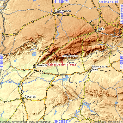 Topographic map of Valverde de la Vera