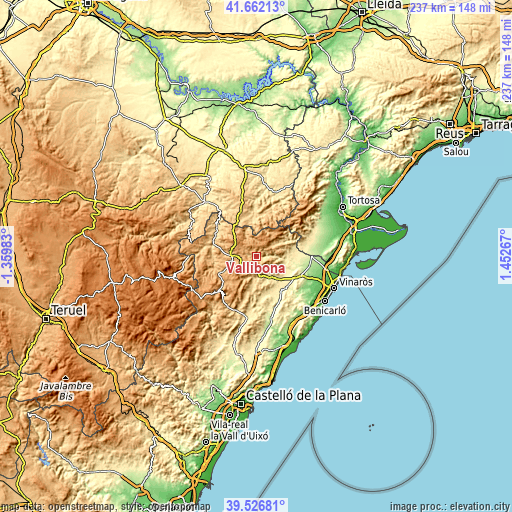 Topographic map of Vallibona