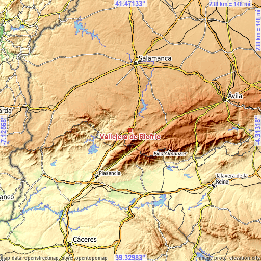 Topographic map of Vallejera de Riofrío