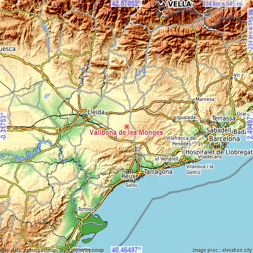 Topographic map of Vallbona de les Monges