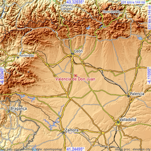 Topographic map of Valencia de Don Juan