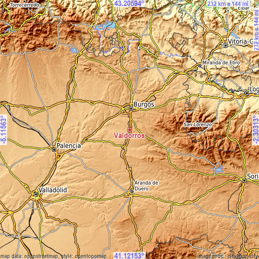 Topographic map of Valdorros