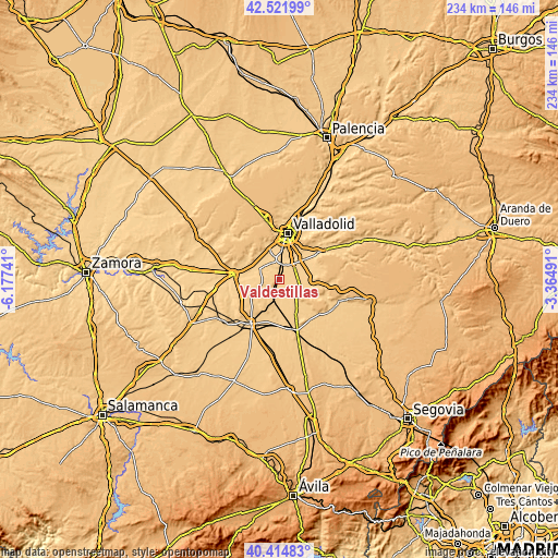 Topographic map of Valdestillas