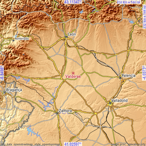 Topographic map of Valderas