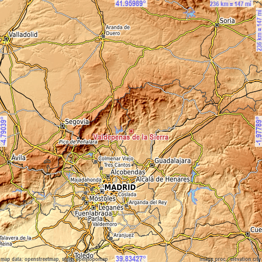 Topographic map of Valdepeñas de la Sierra