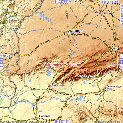 Topographic map of Valdefuentes de Sangusín