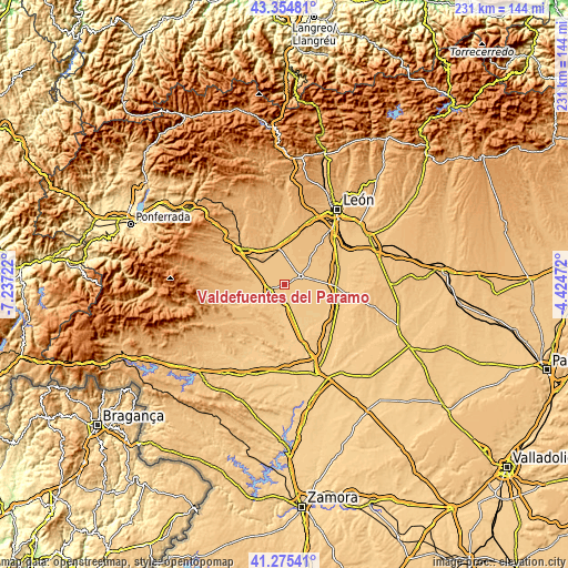 Topographic map of Valdefuentes del Páramo