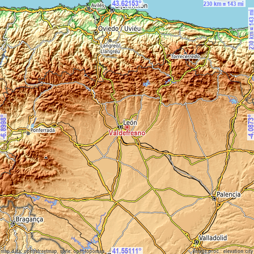 Topographic map of Valdefresno