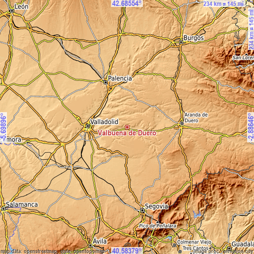 Topographic map of Valbuena de Duero