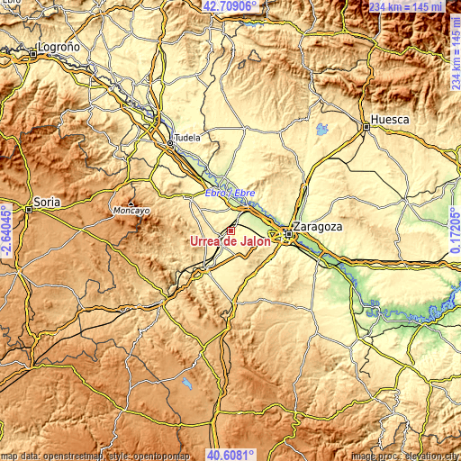 Topographic map of Urrea de Jalón