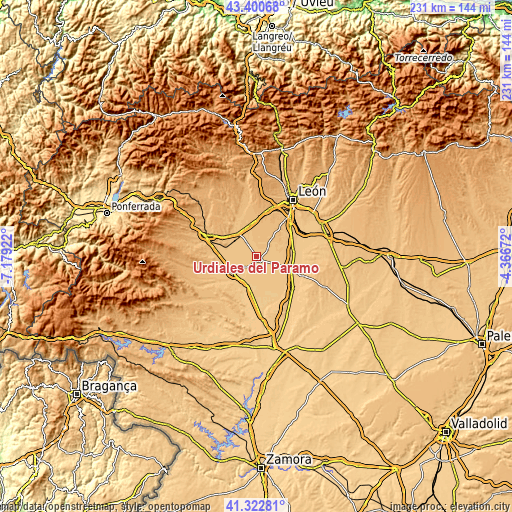 Topographic map of Urdiales del Páramo