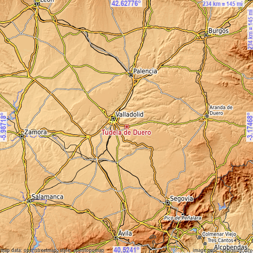 Topographic map of Tudela de Duero