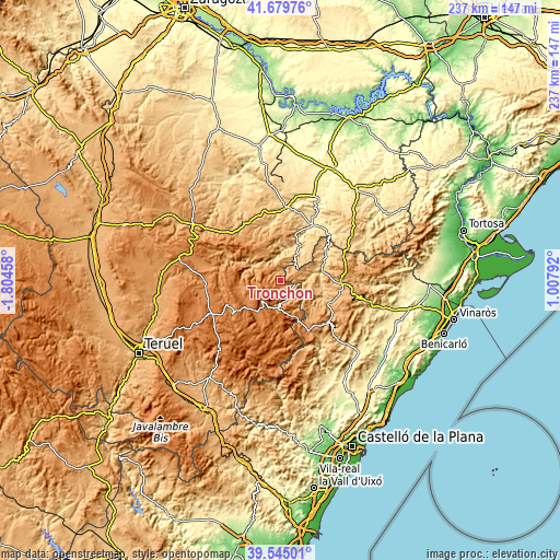 Topographic map of Tronchón