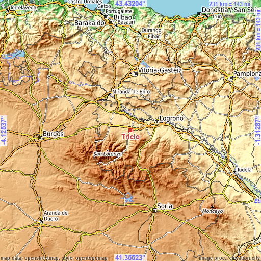 Topographic map of Tricio